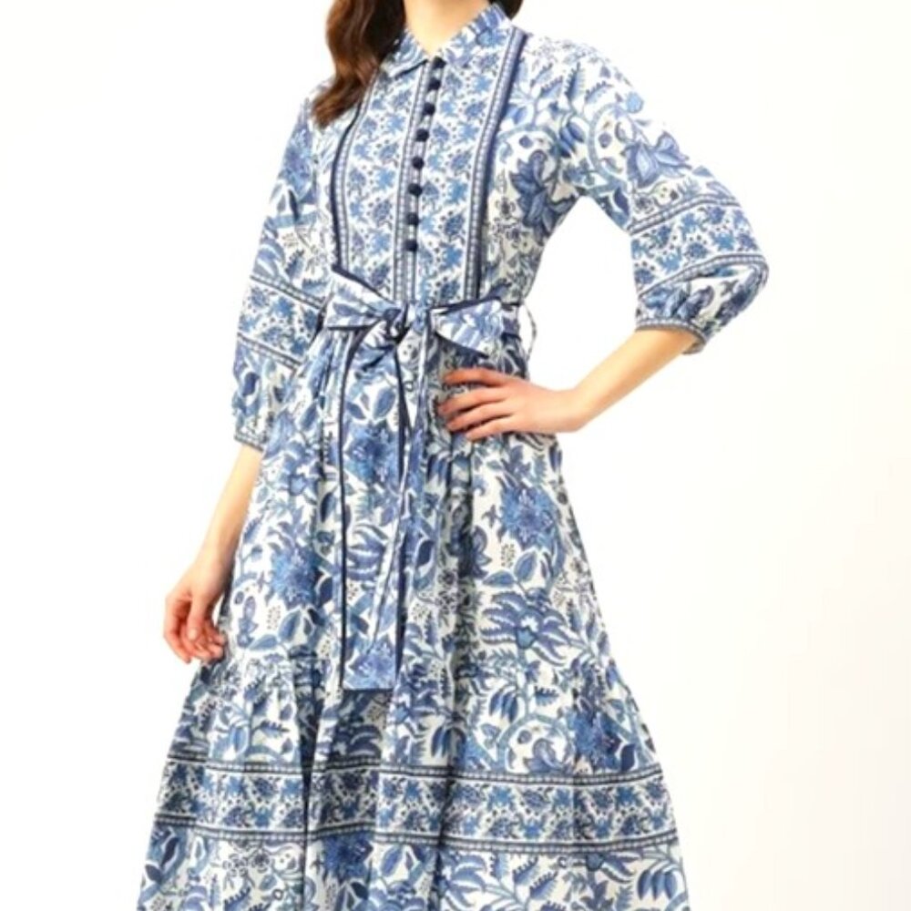 Hand Block Printed Dress - Blue and White - size small